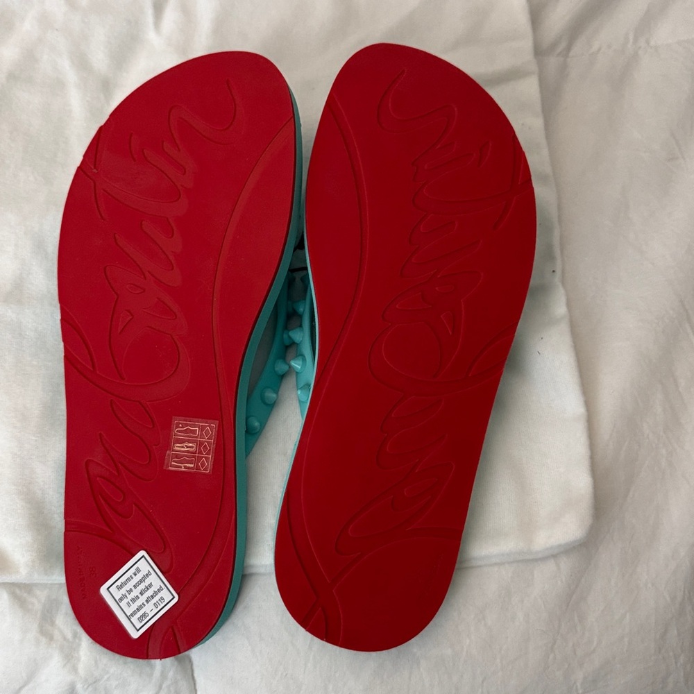 Christian Louboutin Aqua Flip Flops with Red Soles - Picture 2 of 4